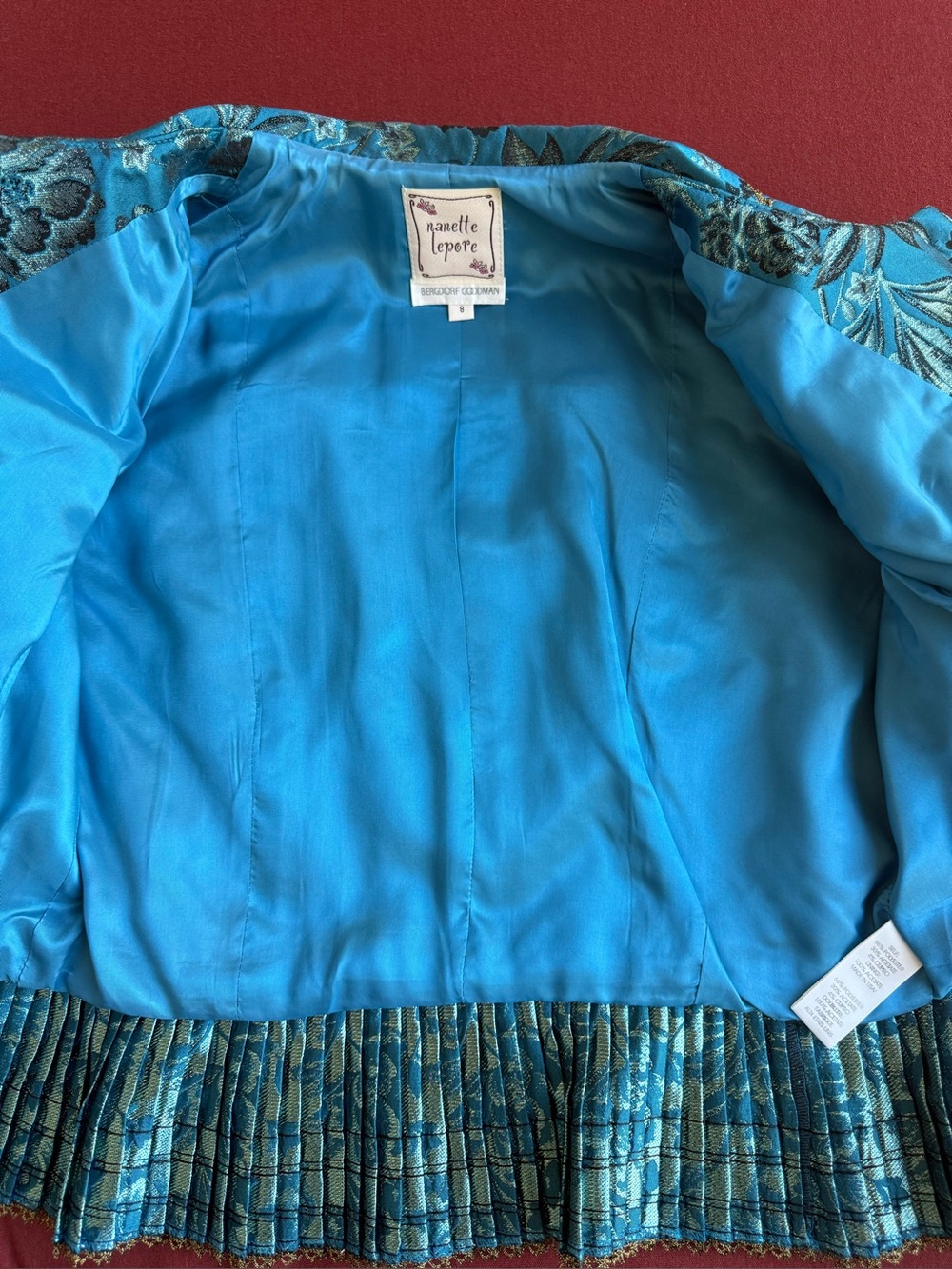 NWT Nanette Lepore Bergdorf Goodman Turquoise Brocade Peplum Jacket Size 8 - Picture 10 of 11
